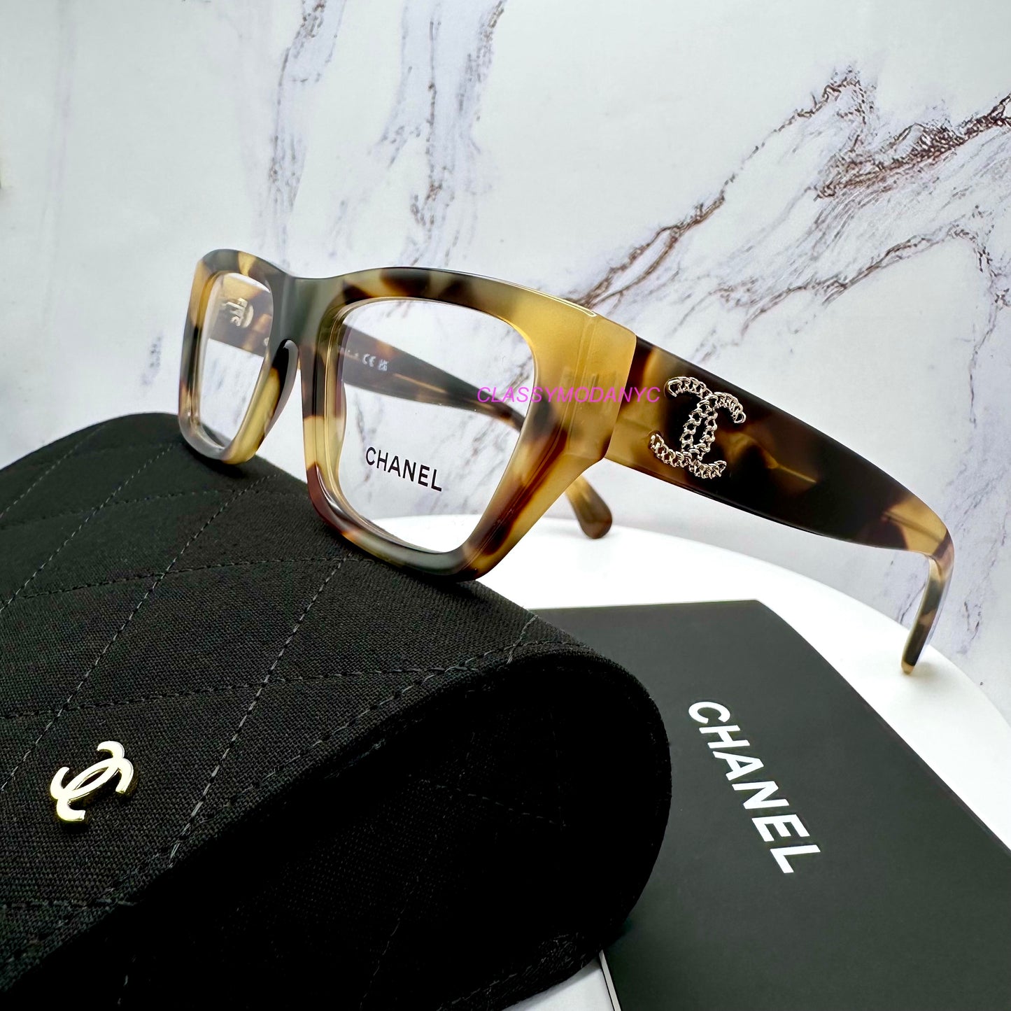 Chanel brown square eyeglasses with gold chain CH3495