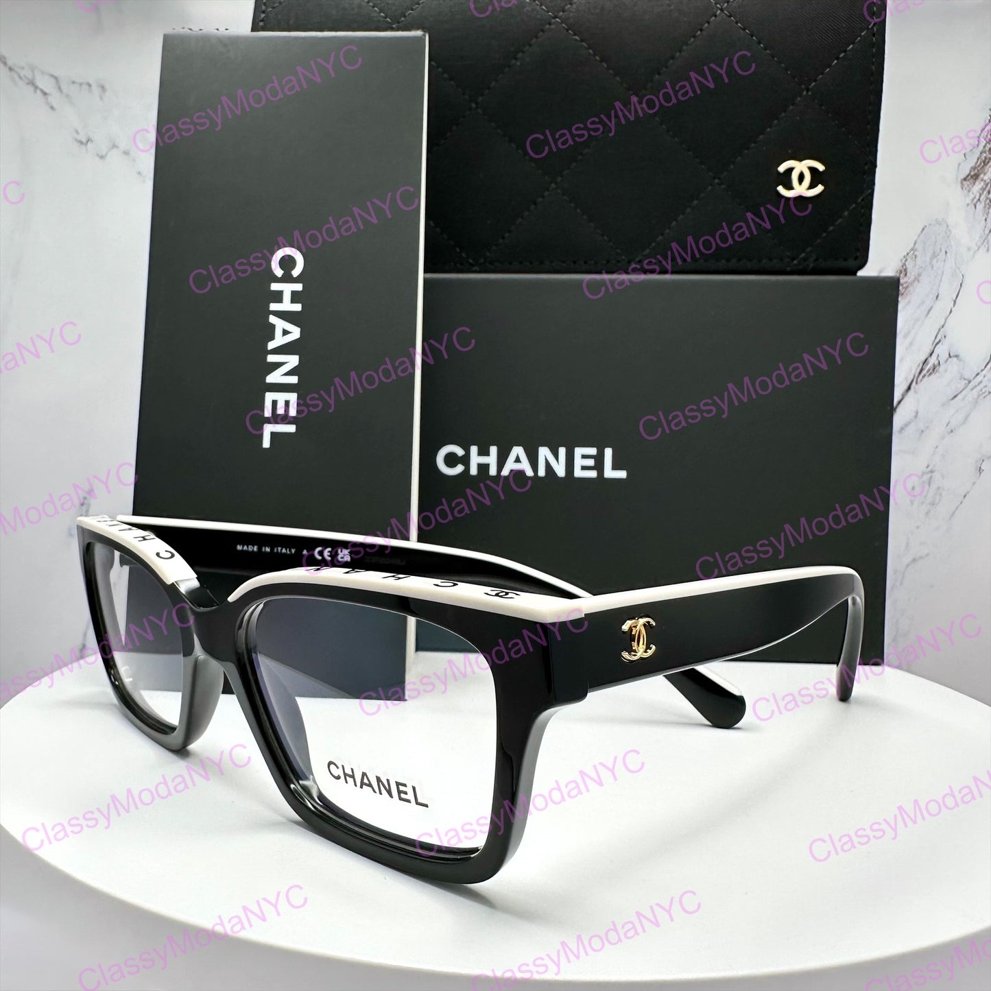 Chanel 3510 1656 Chanel eyeglasses front view logo on top frame side view 