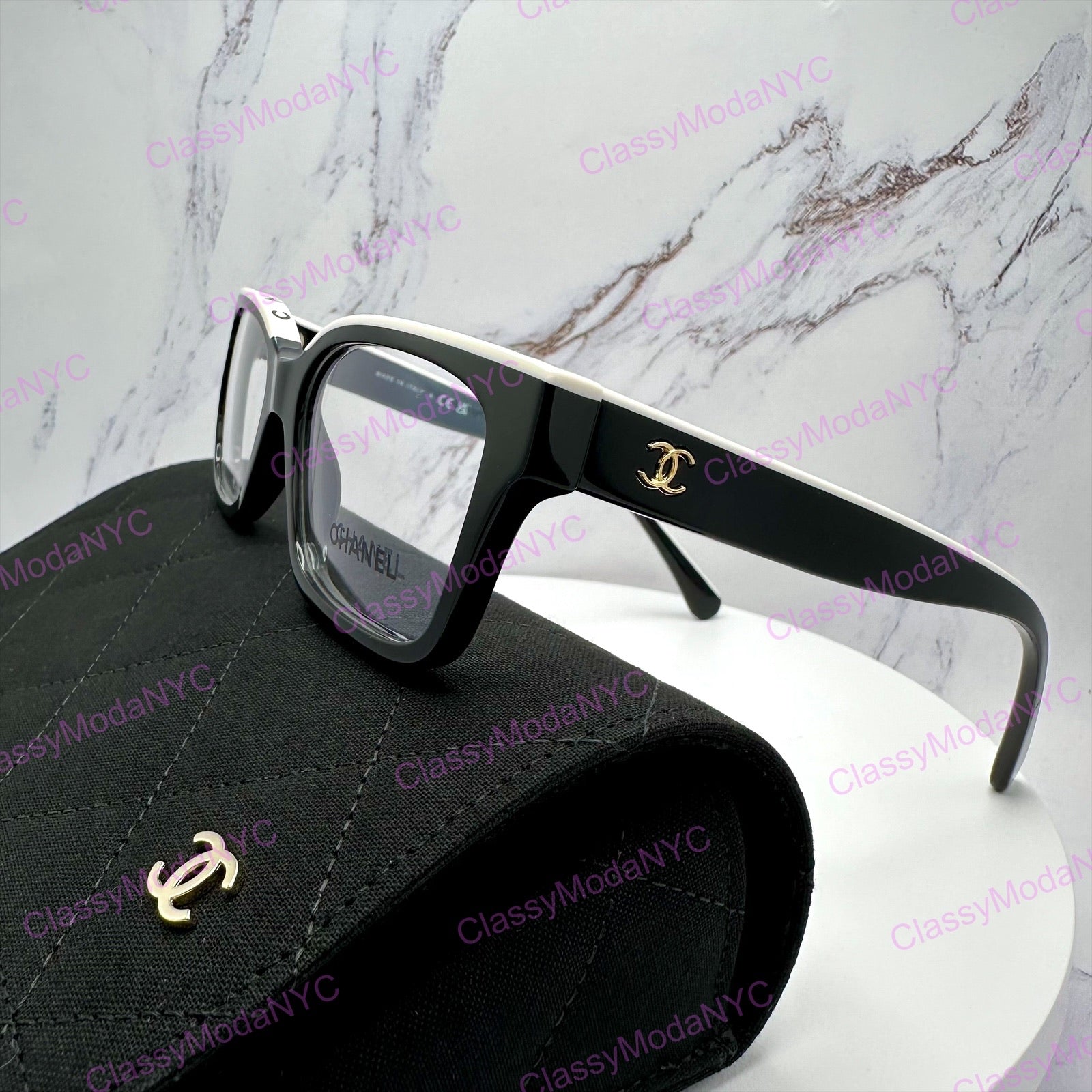 Chanel 3510 1656 Chanel eyeglasses black and white front view logo on top frame side view 2