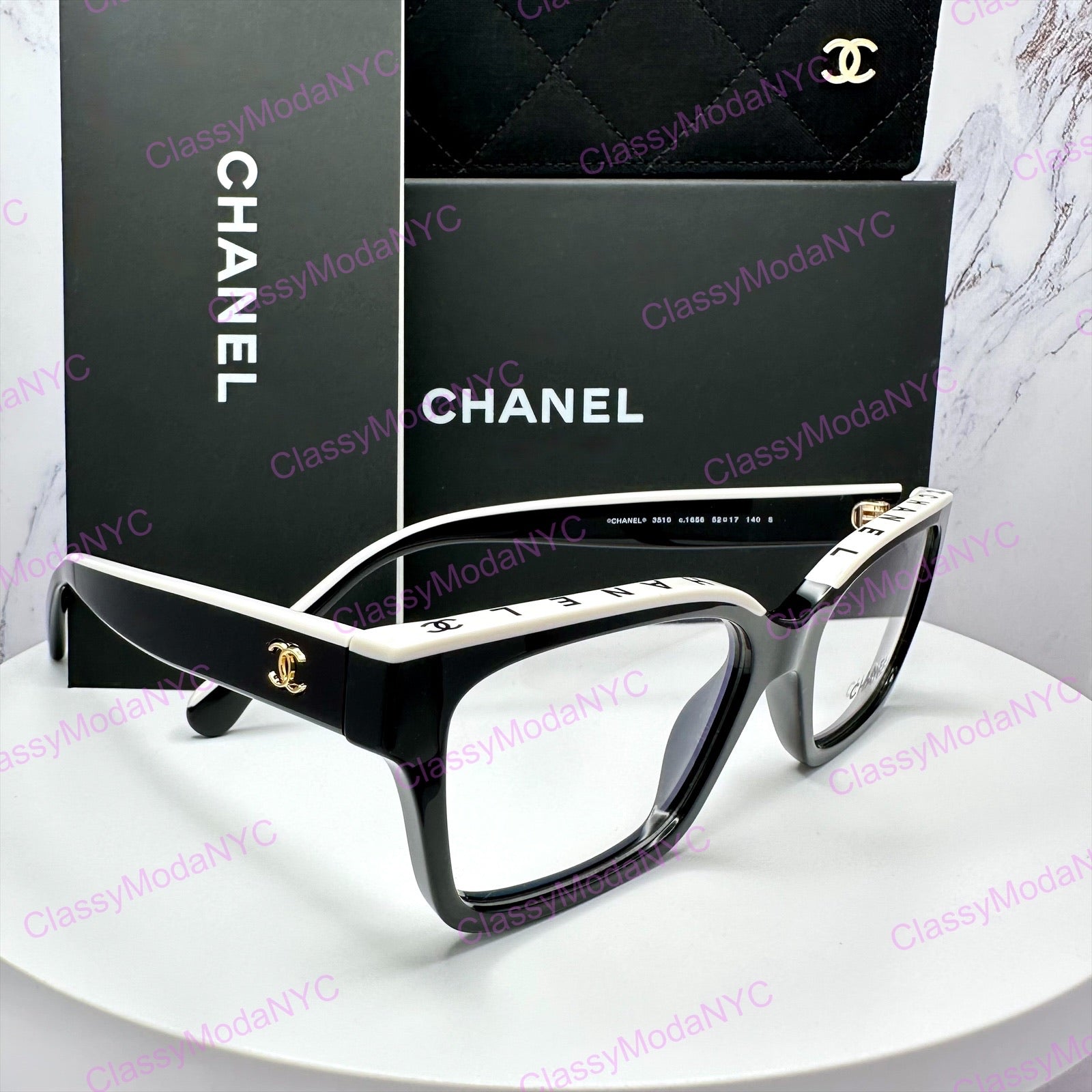 Chanel 3510 1656 Chanel eyeglasses letter logo on top frame side view with box and case 