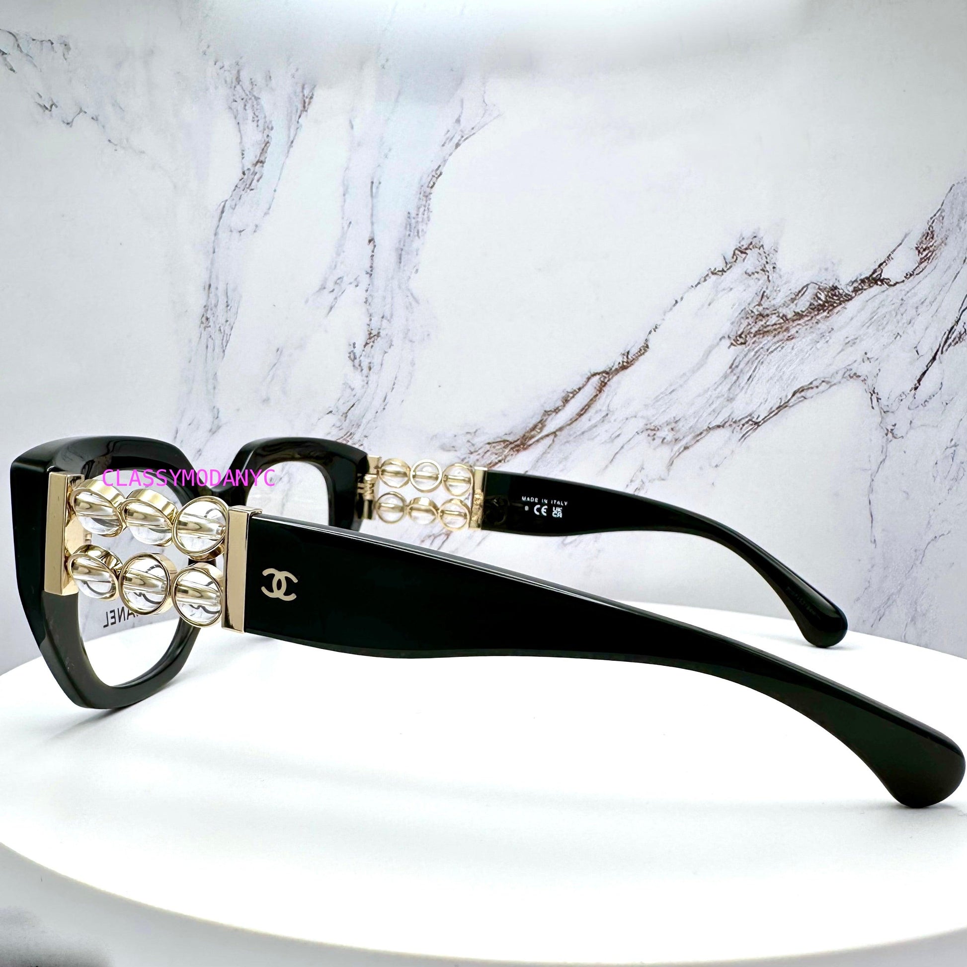Chanel CH3488 C622 Chanel glasses for women side view with rotating clear glass pearls 