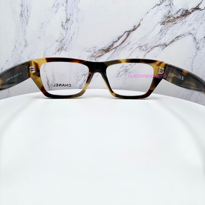 Chanel brown havana eyeglasses with gold chain CC back view 