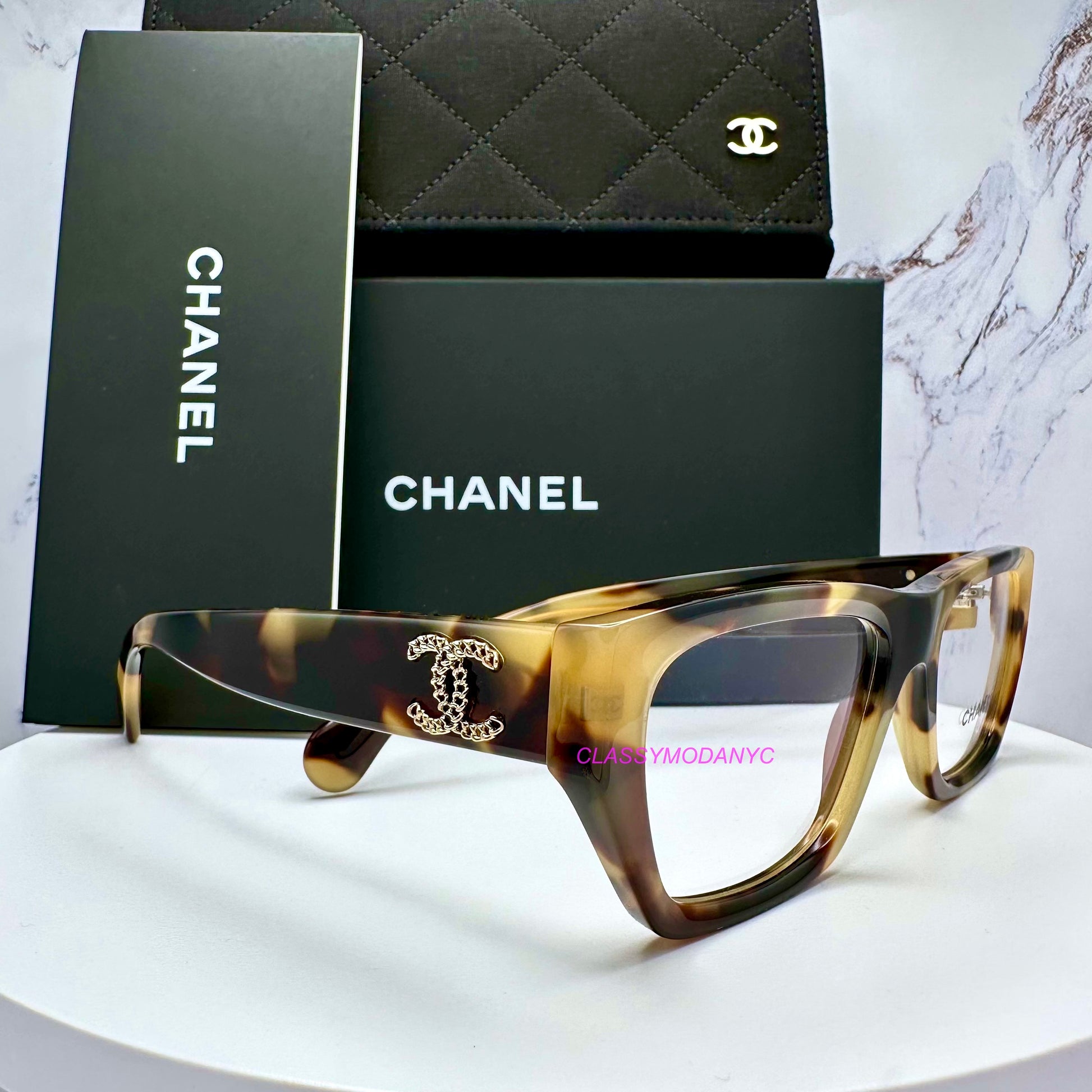 Chanel eyeglasses brown square havana with gold chain logo 