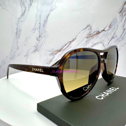 Chanel brown tortoise gold logo pilot sunglasses 