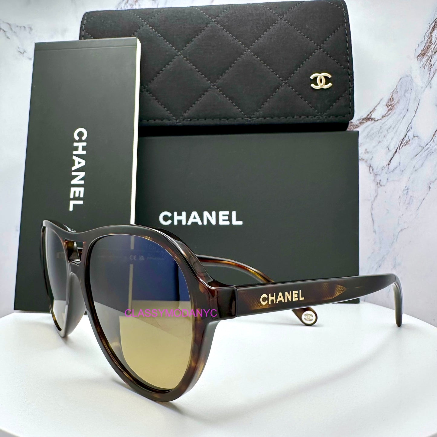 Chanel brown tortoise gold logo pilot sunglasses with box and case 