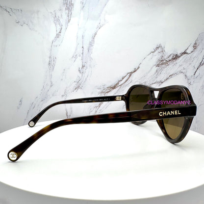 Chanel womens brown tortoise gold logo pilot sunglasses 