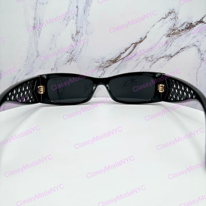 Chanel sunglasses black gold back view rectangular interlocking CC logo 
