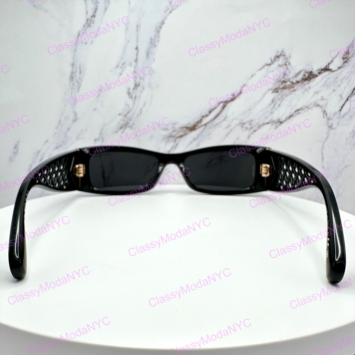 Chanel sunglasses black gold back view rectangular interlocking CC logo  2