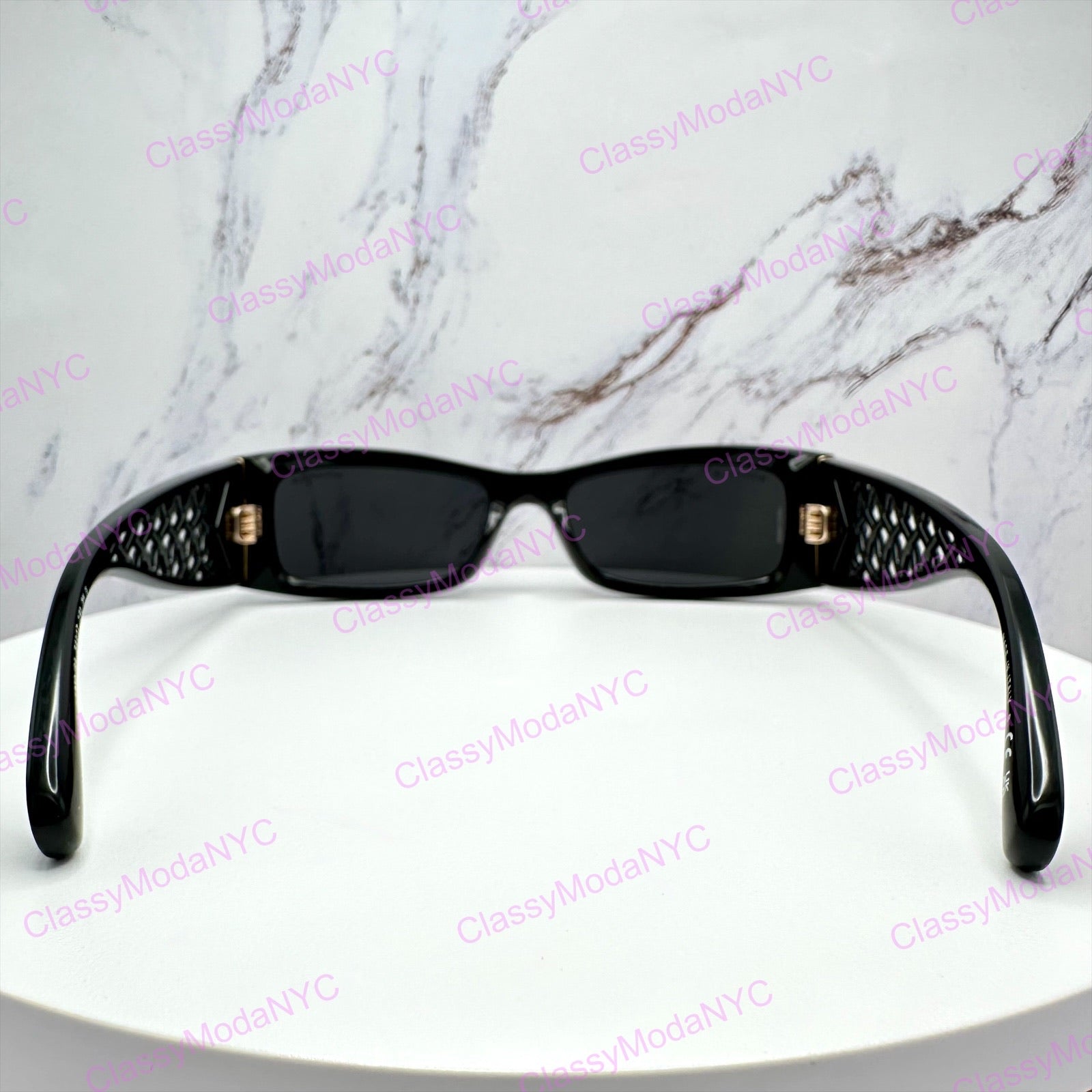 Chanel sunglasses black gold back view rectangular interlocking CC logo  2