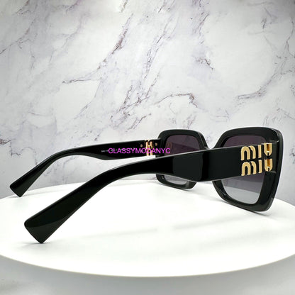 MIU MIU 0MU10YS 1AB5D1 black oversized square acetate sunglasses for women grey lens with gold metal logo, uv protection.