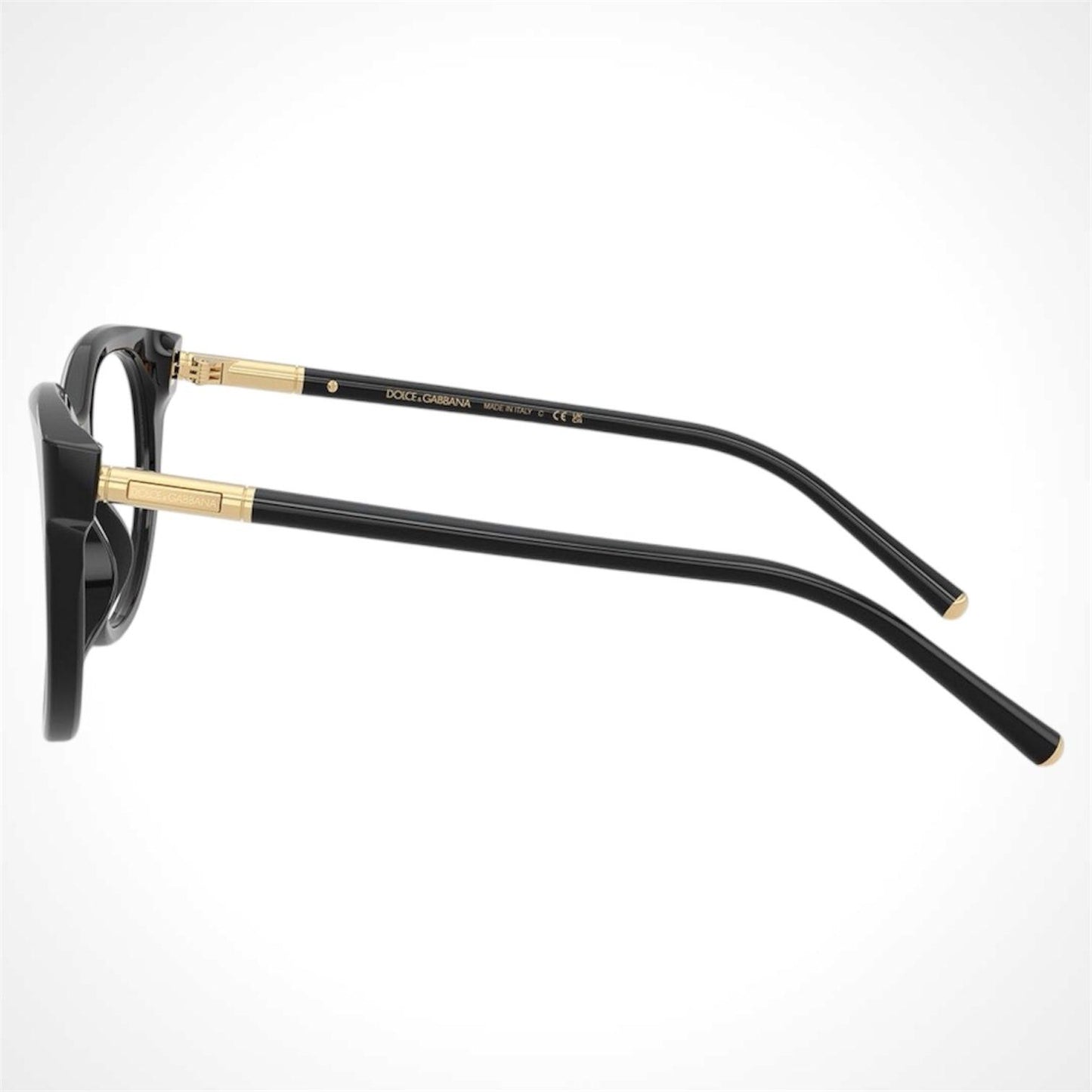 Dolce & Gabbana DG3433 501 black pantos acetate eyeglasses with gold logo side view.