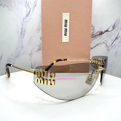 MIU MIU MU A51S 5AK50K women's light grey wrap rimless sunglasses side view with authentic box