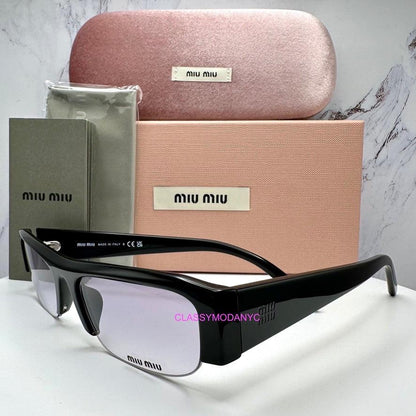 MIU MIU MUB07S 16K04O black vedette sunglasses side view with box and case.
