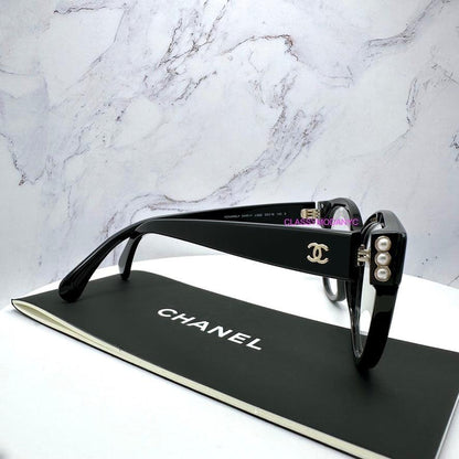 CHANEL CH3440H C622 black eyeglasses full rim with white pearls for women.