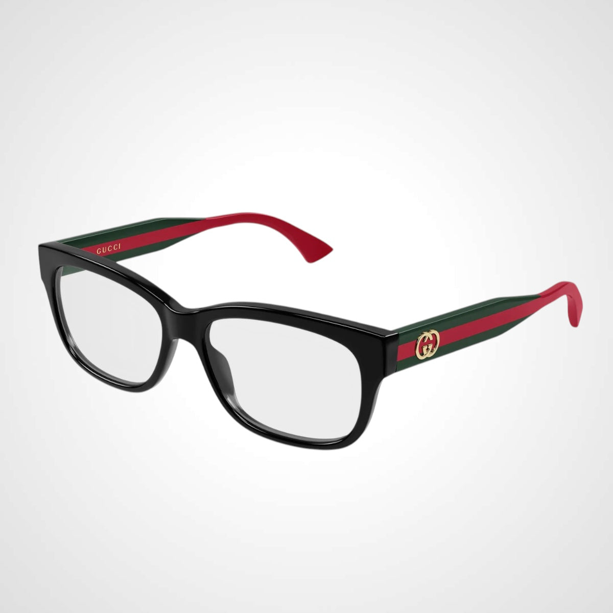 GG02780N 001 Gucci Eyeglasses side view with red & green striped web arms for women 