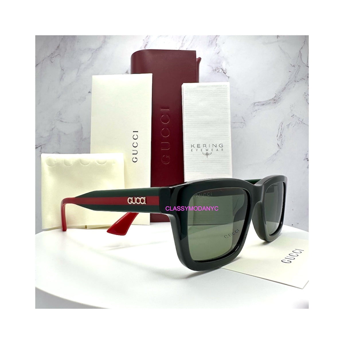 GG1869S 001 black square sunglasses with red and green striped arms 