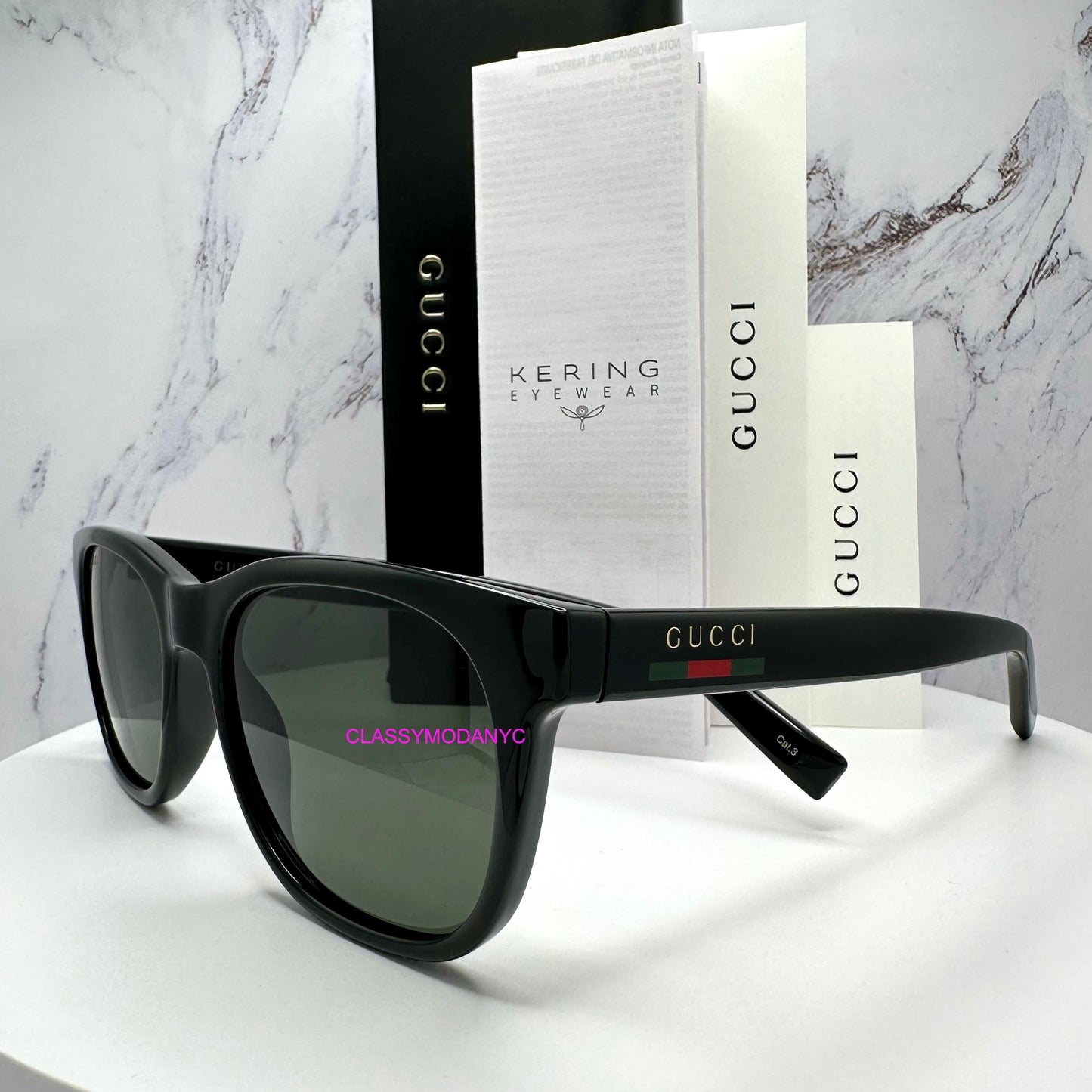 GG1985S 001 Gucci Sunglasses black side view with red green web arm one