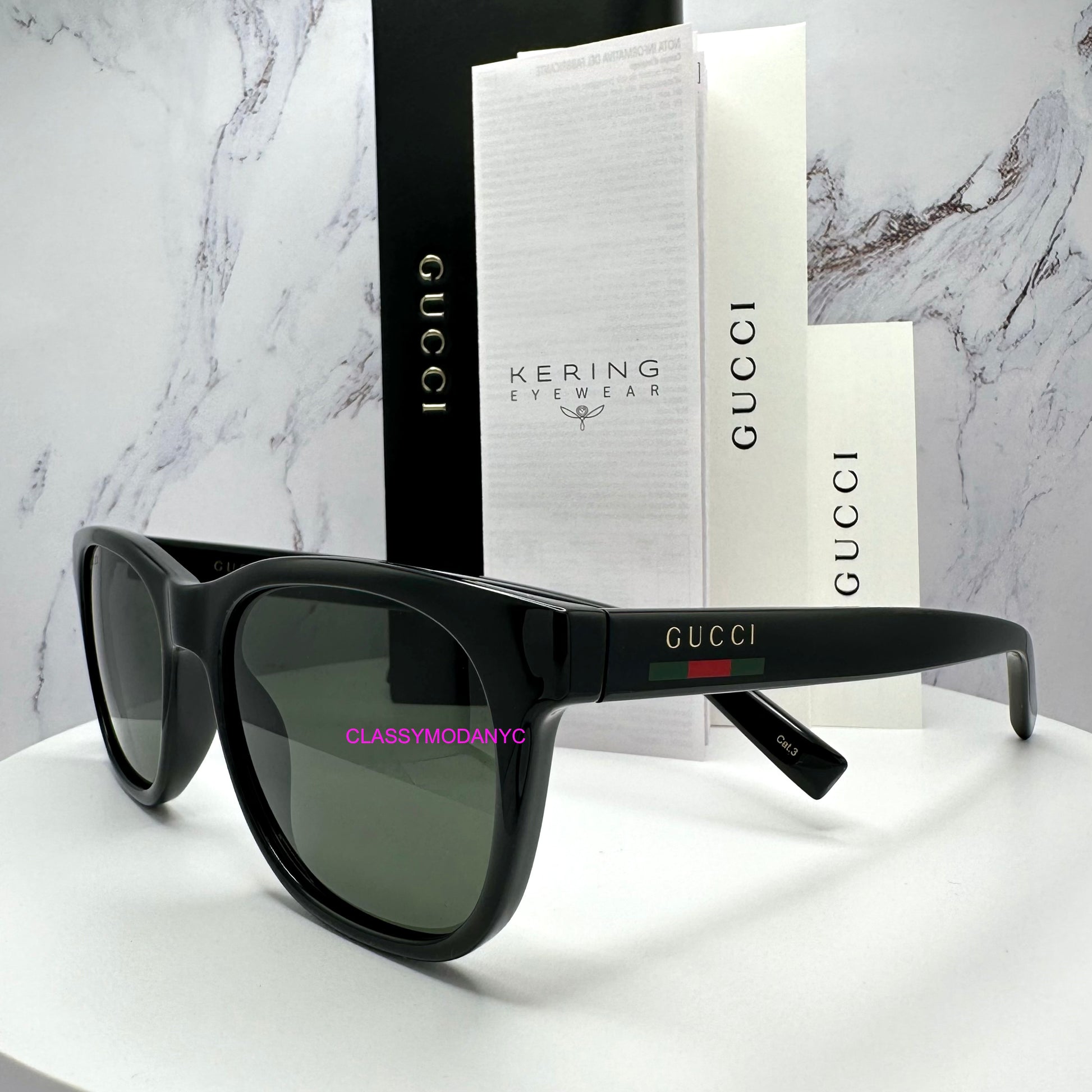 GG1985S 001 Gucci Sunglasses black side view with red green web arm one