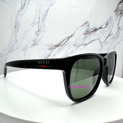 GG1985S 001 Gucci Sunglasses black side view with red green web arm with black case 