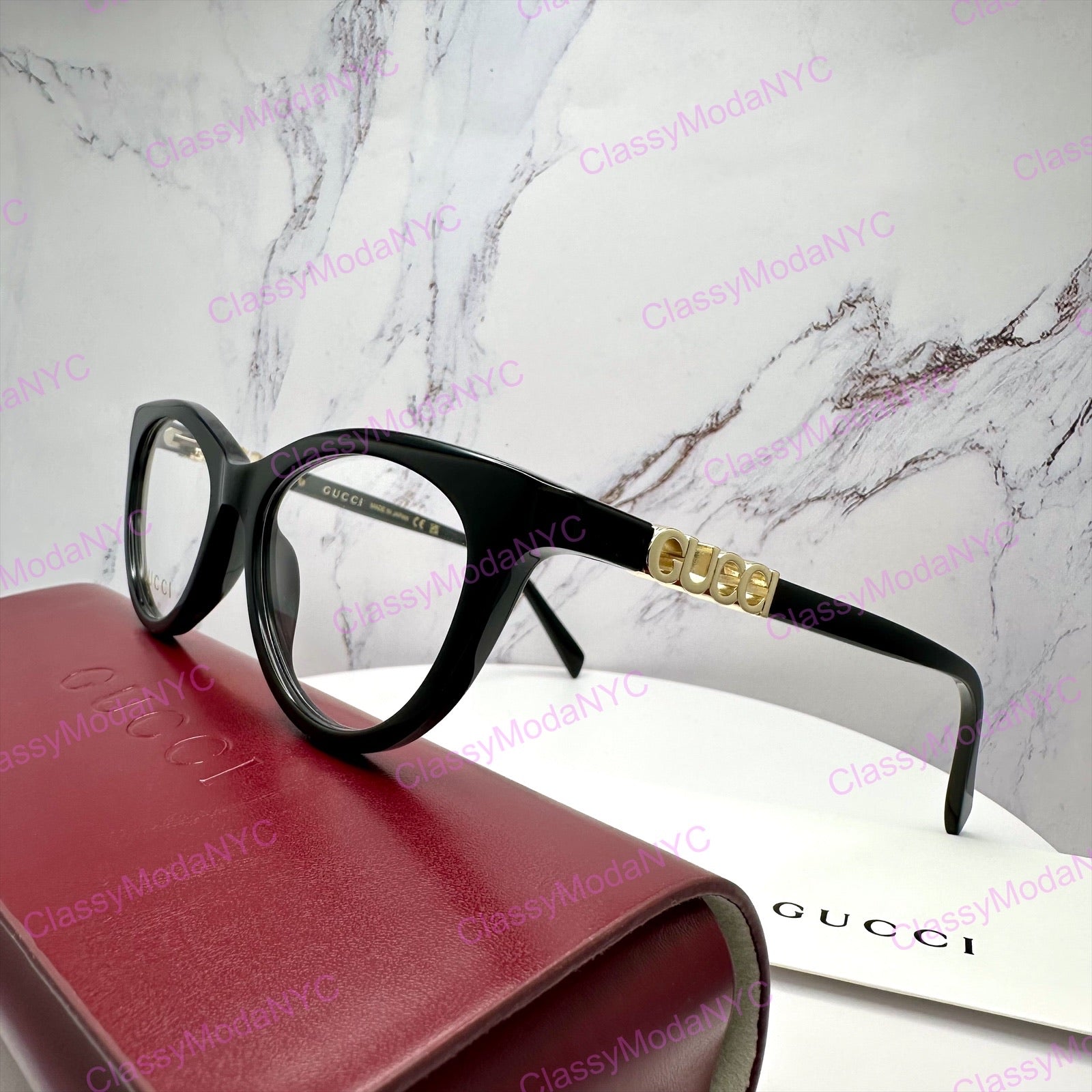 GG20340 001 Gucci Eyeglasses black frame side view with case