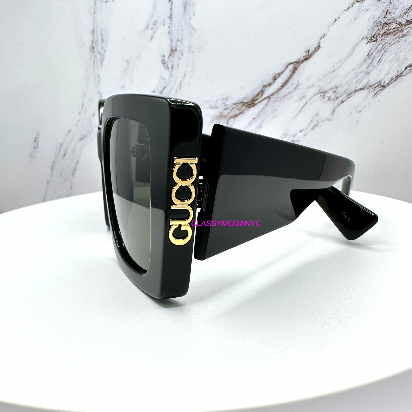 GG2039S 001 Gucci Sunglasses side view with gold logo for women oversized 