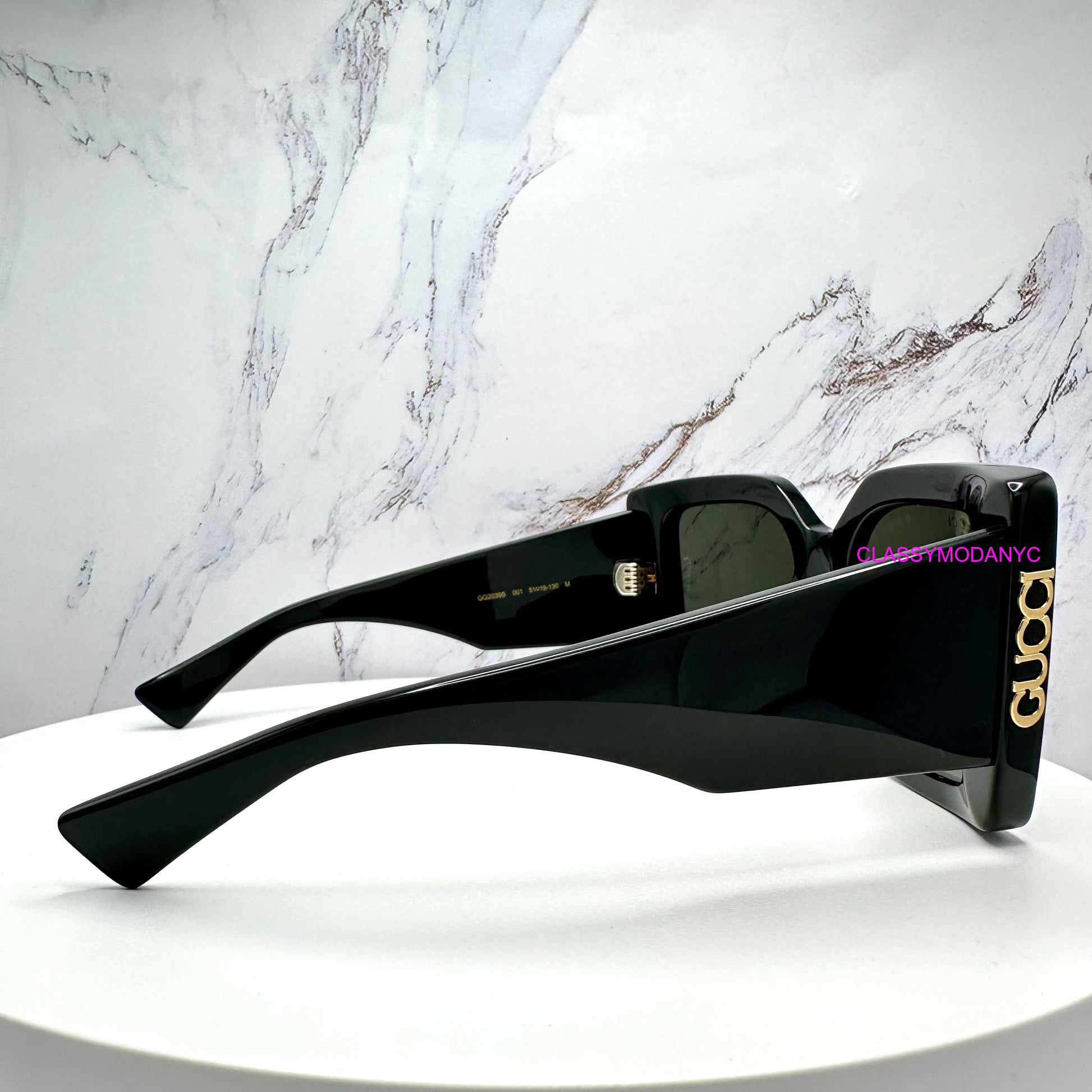 GG2039S 001 Gucci Sunglasses side view with gold logo for women oversized 