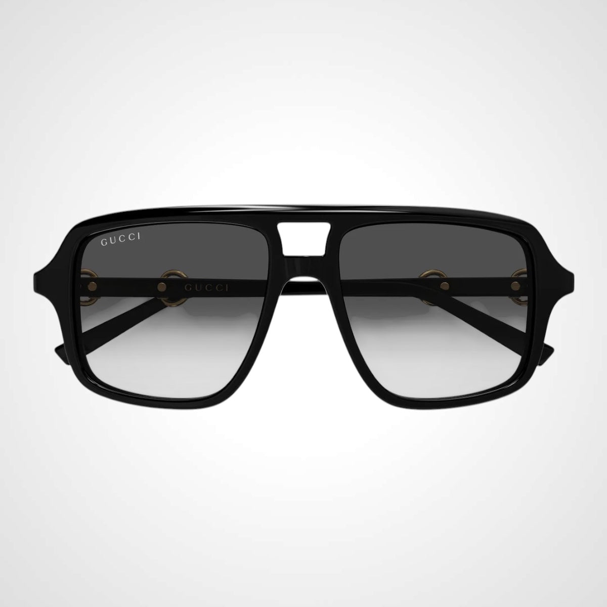 GG2052S 001 navigator gold metal horsebit Gucci black sunglasses front view 