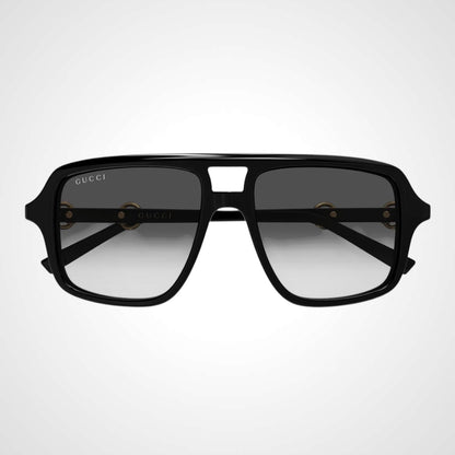 GG2052S 001 navigator gold metal horsebit Gucci black sunglasses front view 
