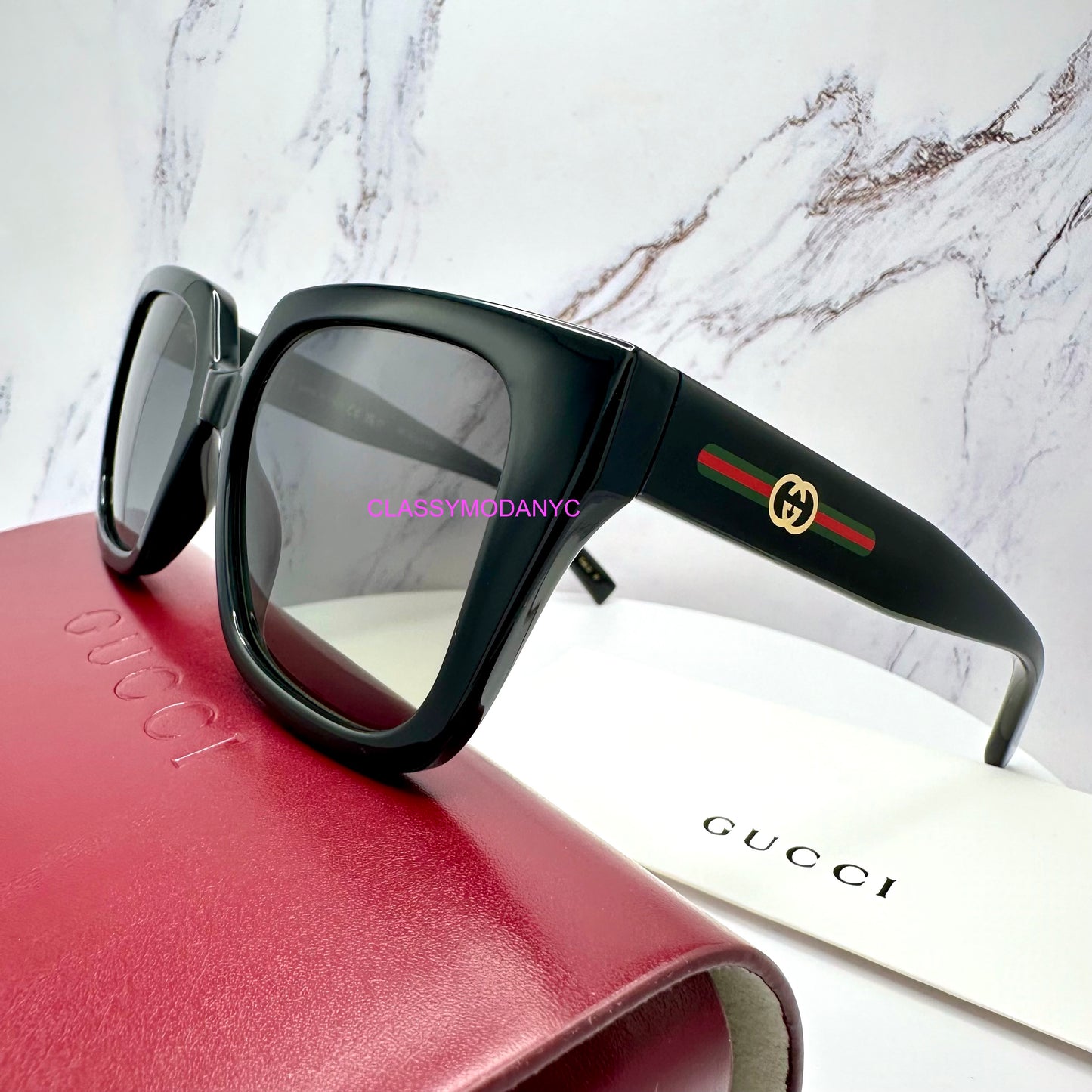 GG2102S 001 Gucci Sunglasses black square gold logo with case and web logo 