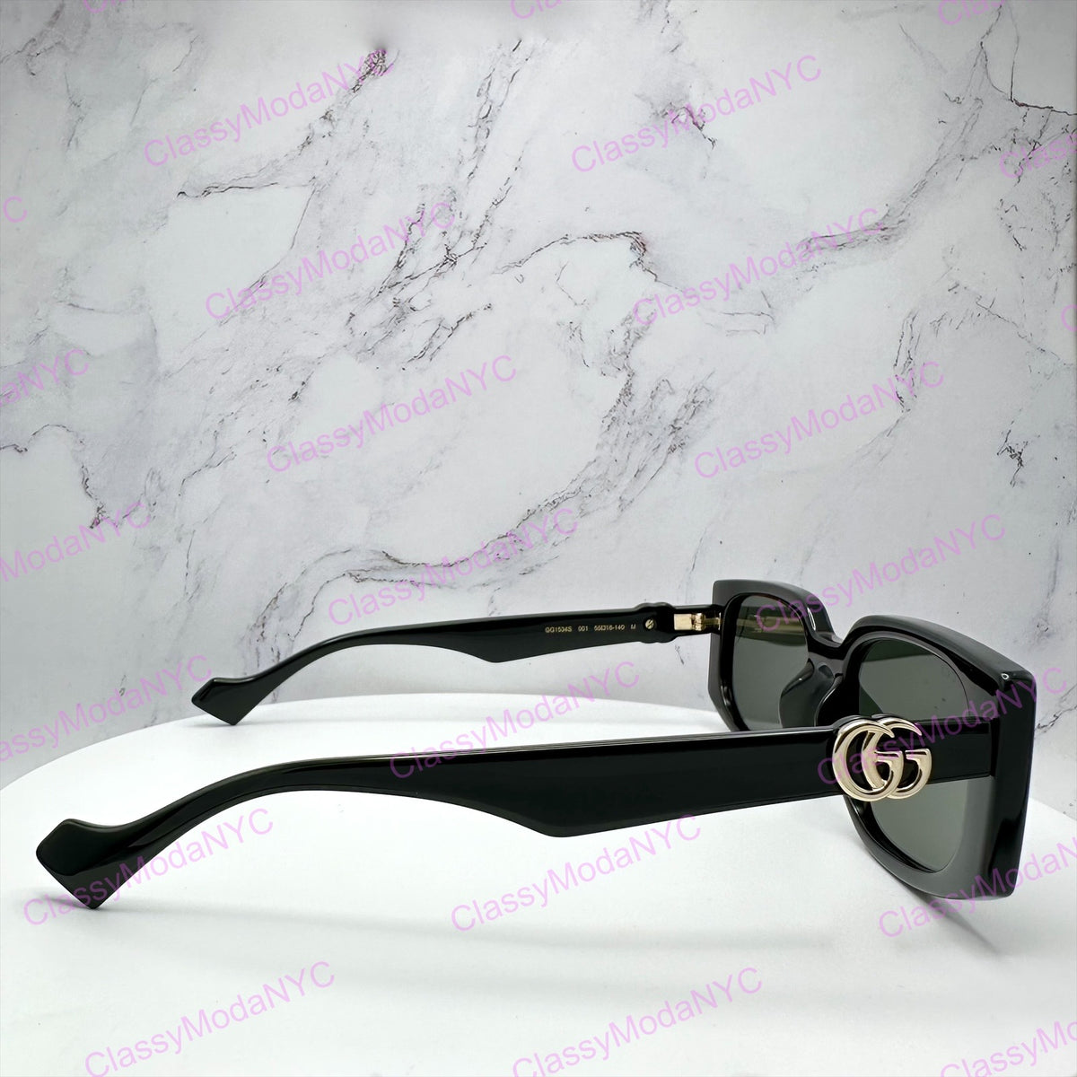 GUCCI GG1534S 001 Black Gold GG Square Rectangle Unisex Sunglasses Gray Lens