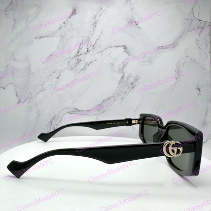 GUCCI GG1534S 001 Black Gold GG Square Rectangle Unisex Sunglasses Gray Lens