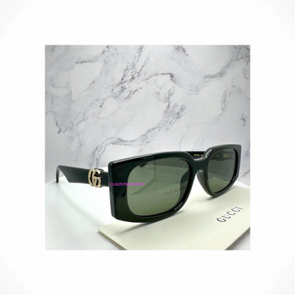 GUCCI GG1534S 001 Black Gold GG Square Rectangle Unisex Sunglasses Gray Lens