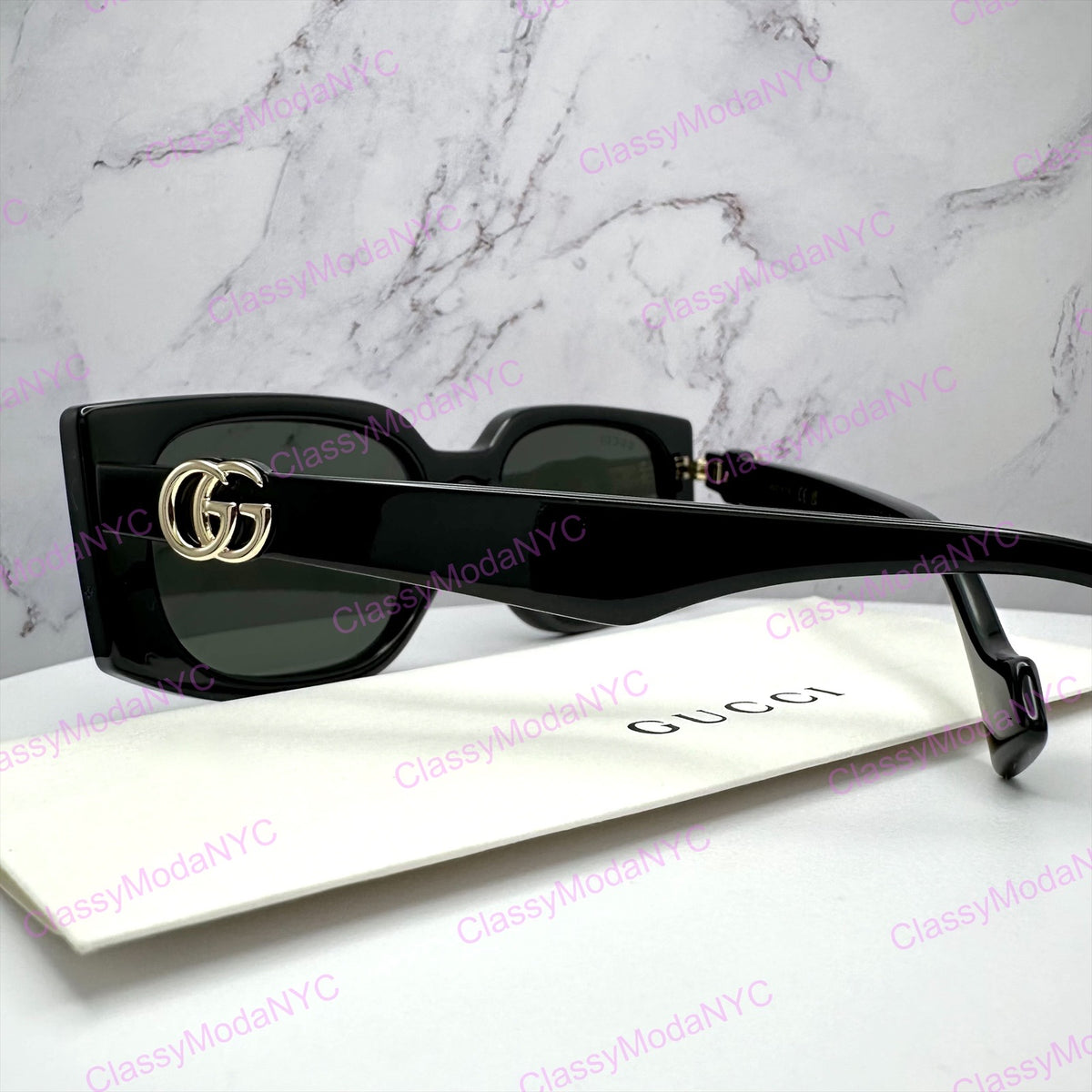 GUCCI GG1534S 001 Black Gold GG Square Rectangle Unisex Sunglasses Gray Lens