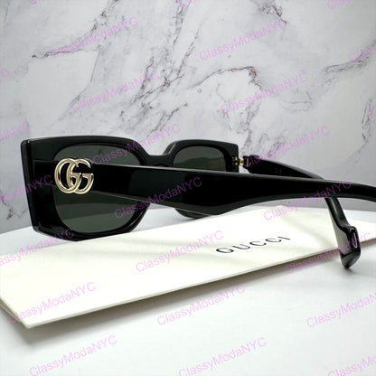 GUCCI GG1534S 001 Black Gold GG Square Rectangle Unisex Sunglasses Gray Lens