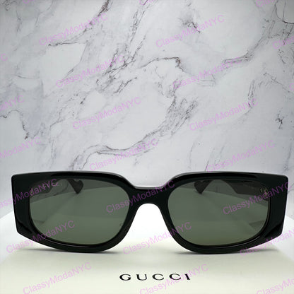 GUCCI GG1534S 001 Black Gold GG Square Rectangle Unisex Sunglasses Gray Lens