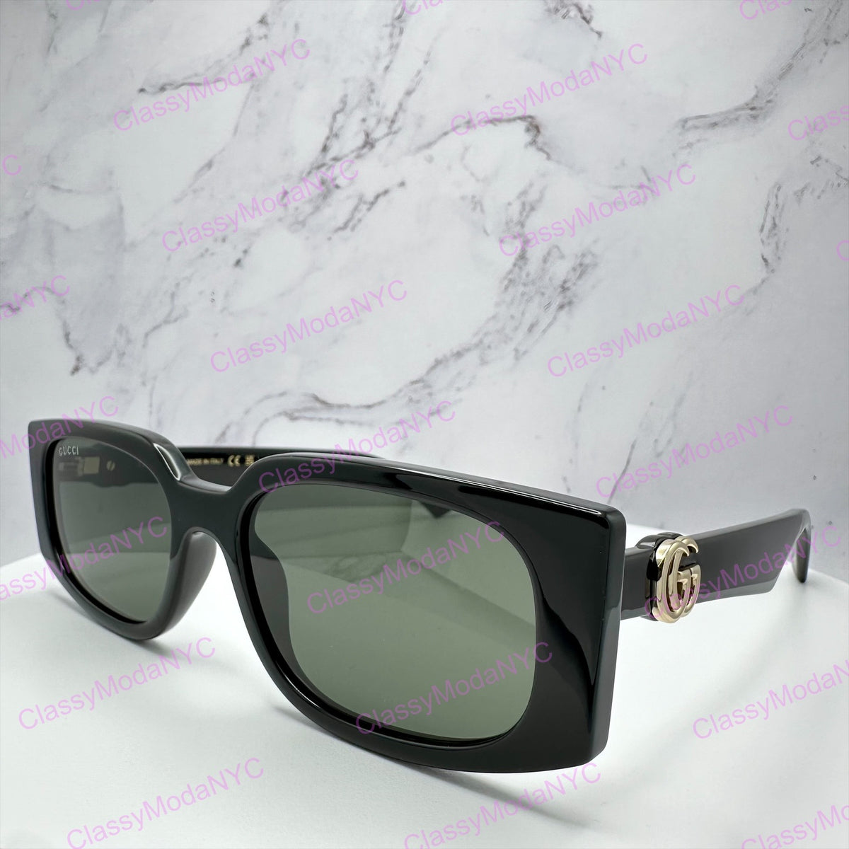GUCCI GG1534S 001 Black Gold GG Square Rectangle Unisex Sunglasses Gray Lens