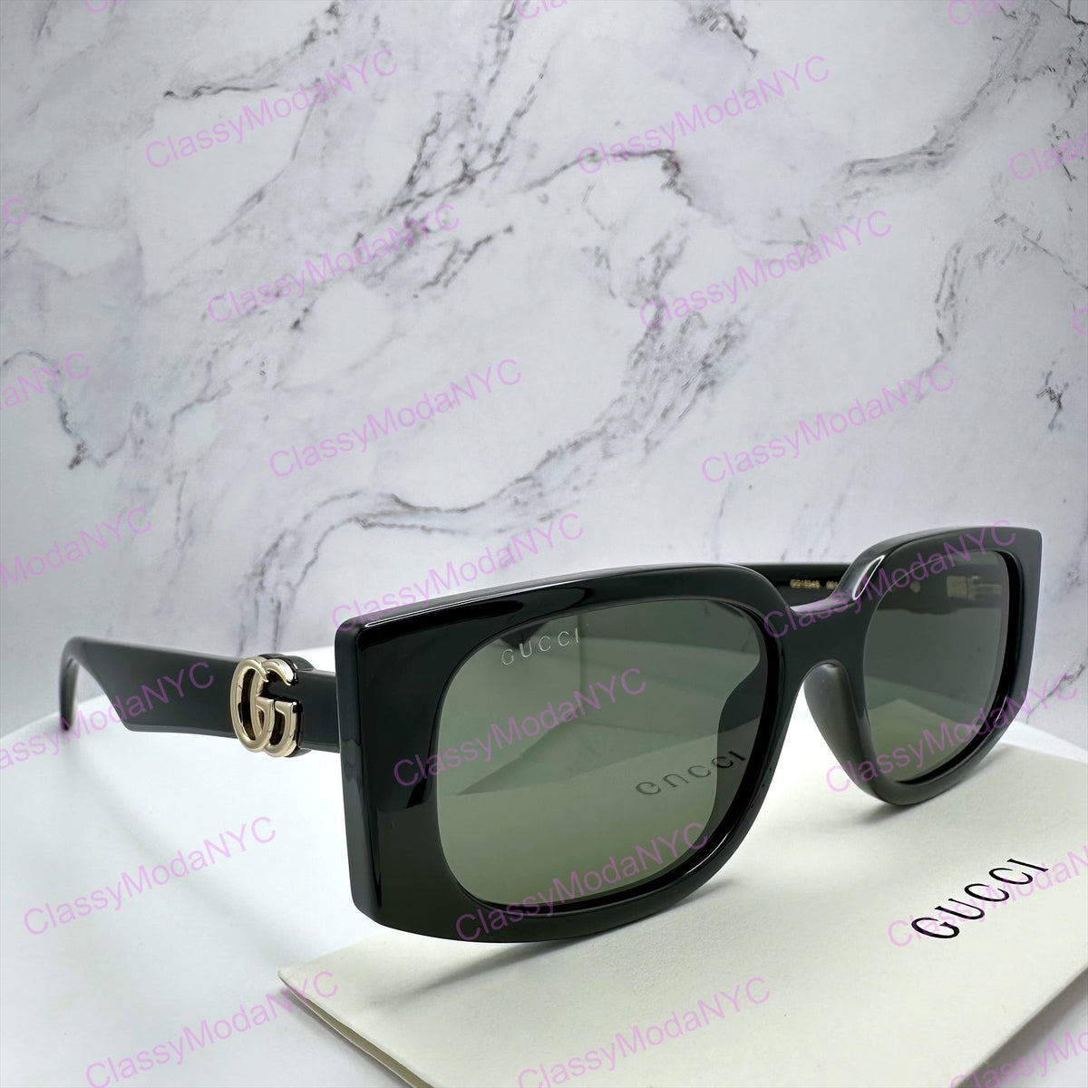 GUCCI GG1534S 001 Black Gold GG Square Rectangle Unisex Sunglasses Gray Lens