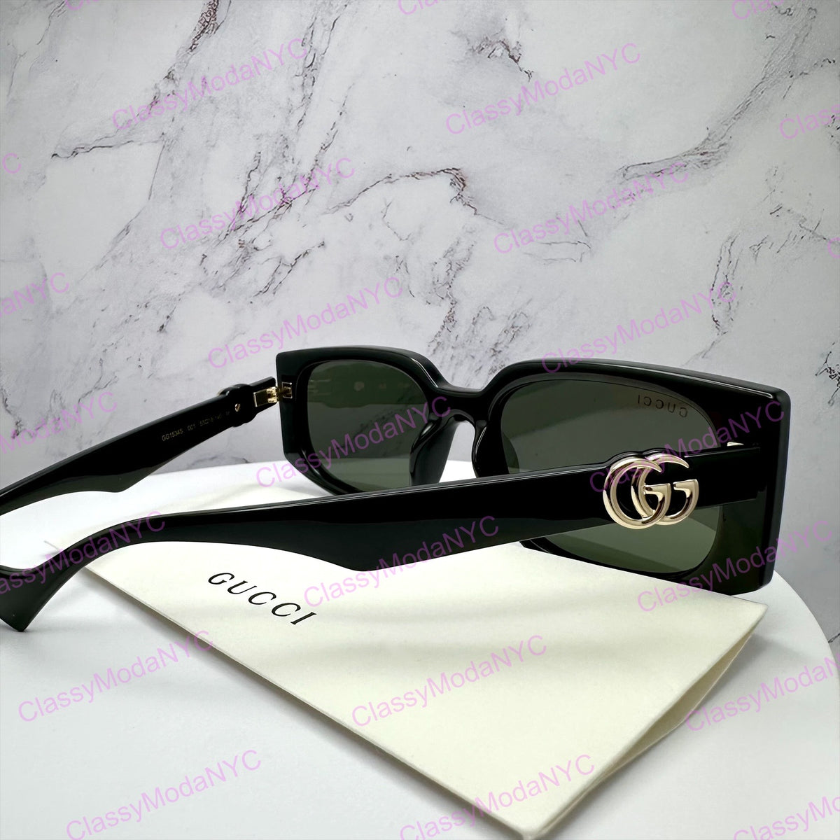 GUCCI GG1534S 001 Black Gold GG Square Rectangle Unisex Sunglasses Gray Lens
