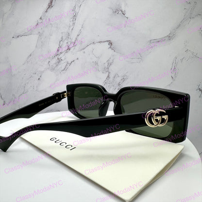 GUCCI GG1534S 001 Black Gold GG Square Rectangle Unisex Sunglasses Gray Lens
