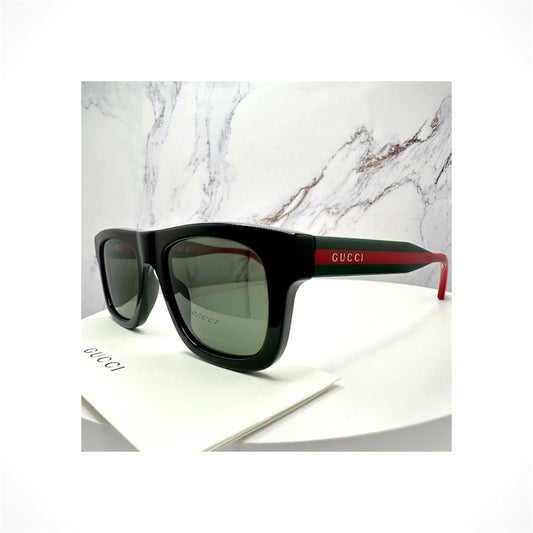 Gucci GG1991S 001 men's black square aviator sunglasses with red and green web