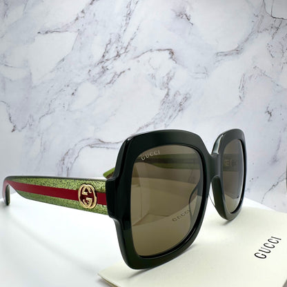 Gucci Sunglasses GG0036SN 002 black square oversized women’s frames with striped red green arms 