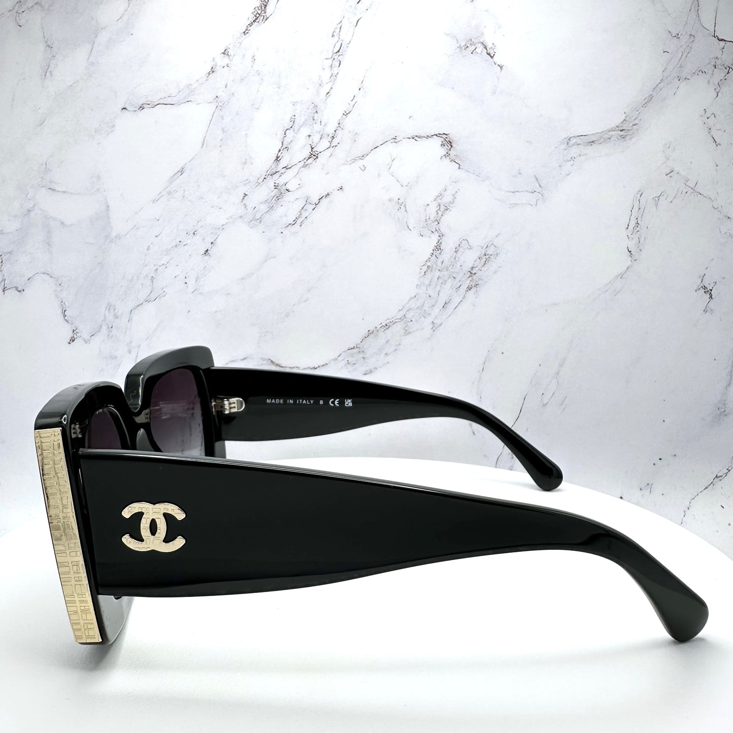 CHANEL Sunglasses Rectangle Black Gold CC Logo 53mm