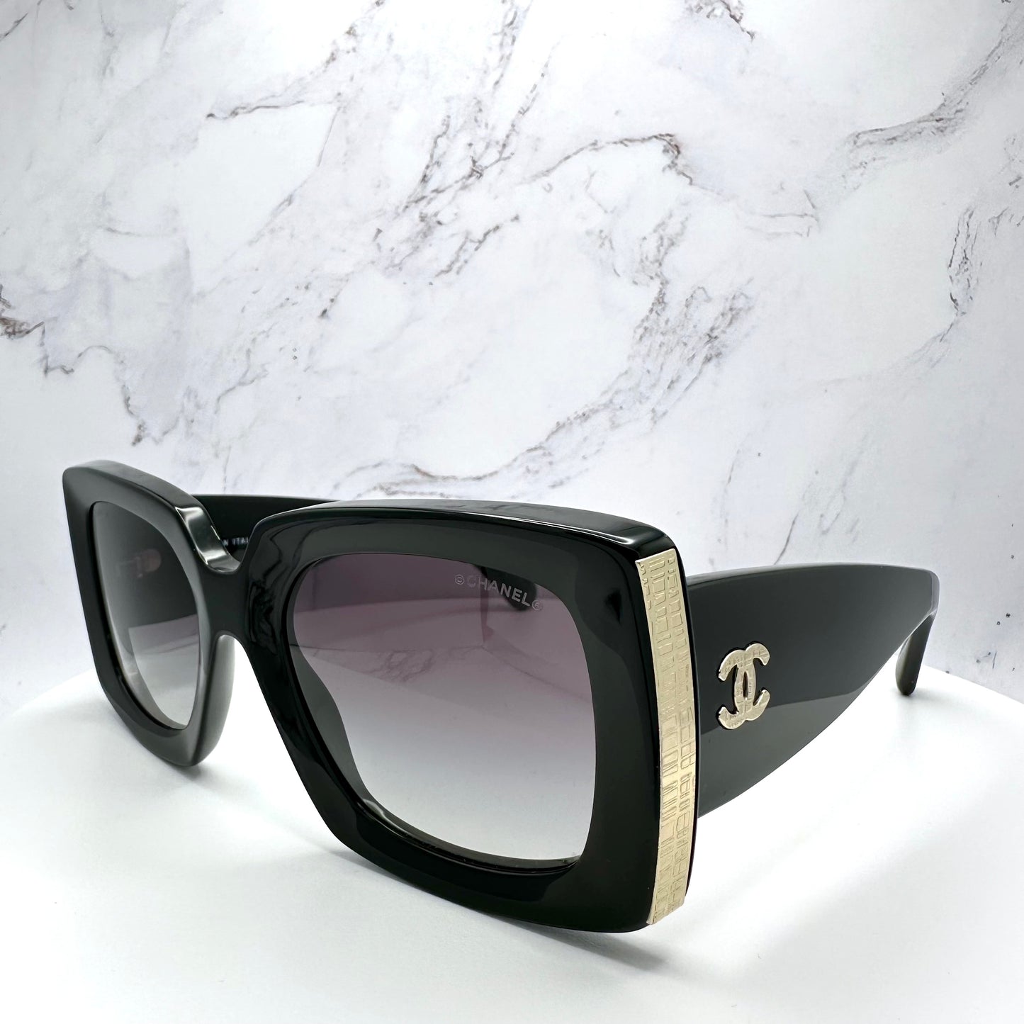 CHANEL Sunglasses Rectangle Black Gold CC Logo 53mm