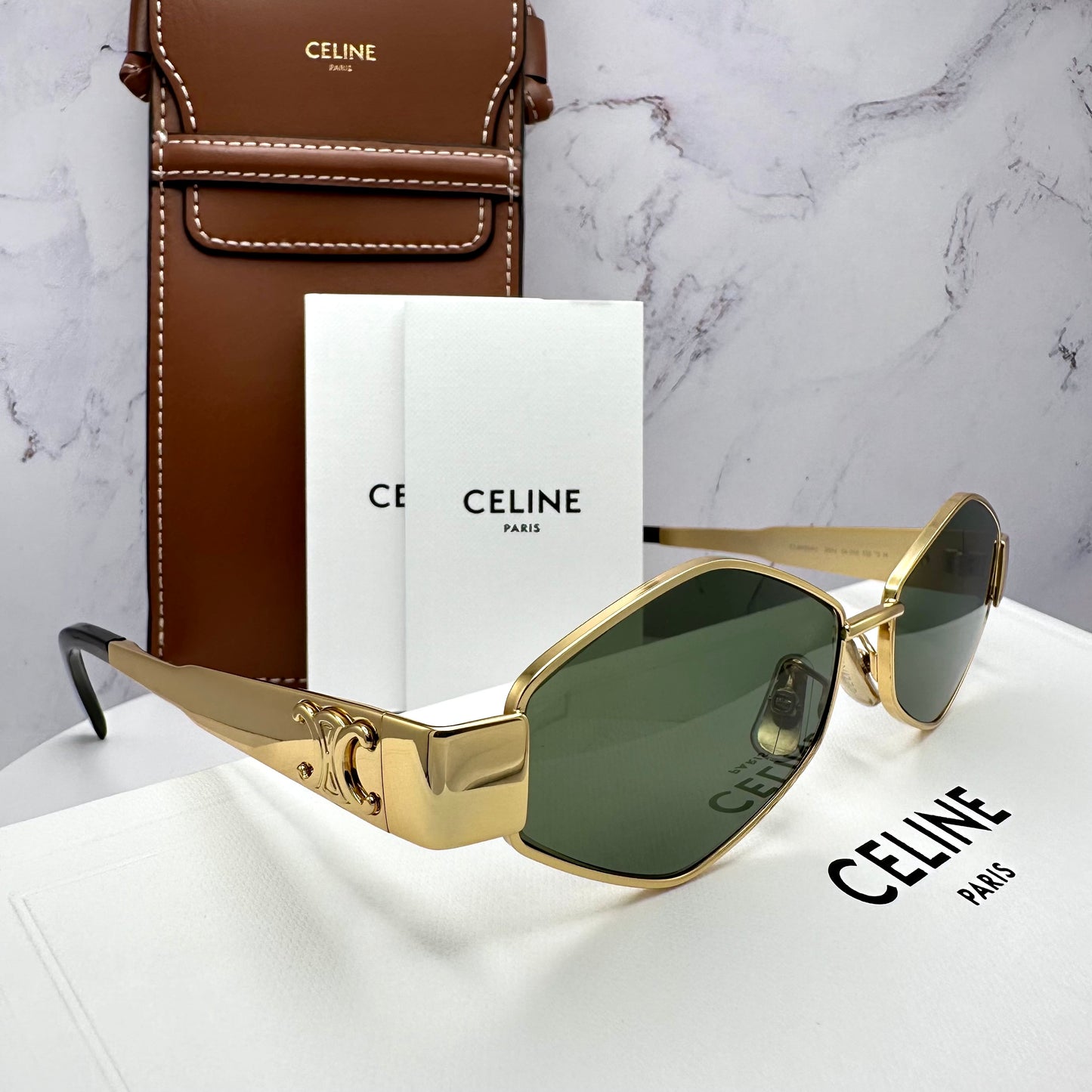 Celine Triomphe Gold Metal New Hexagon Sunglasses 54mm Authentic CL40254U 30N