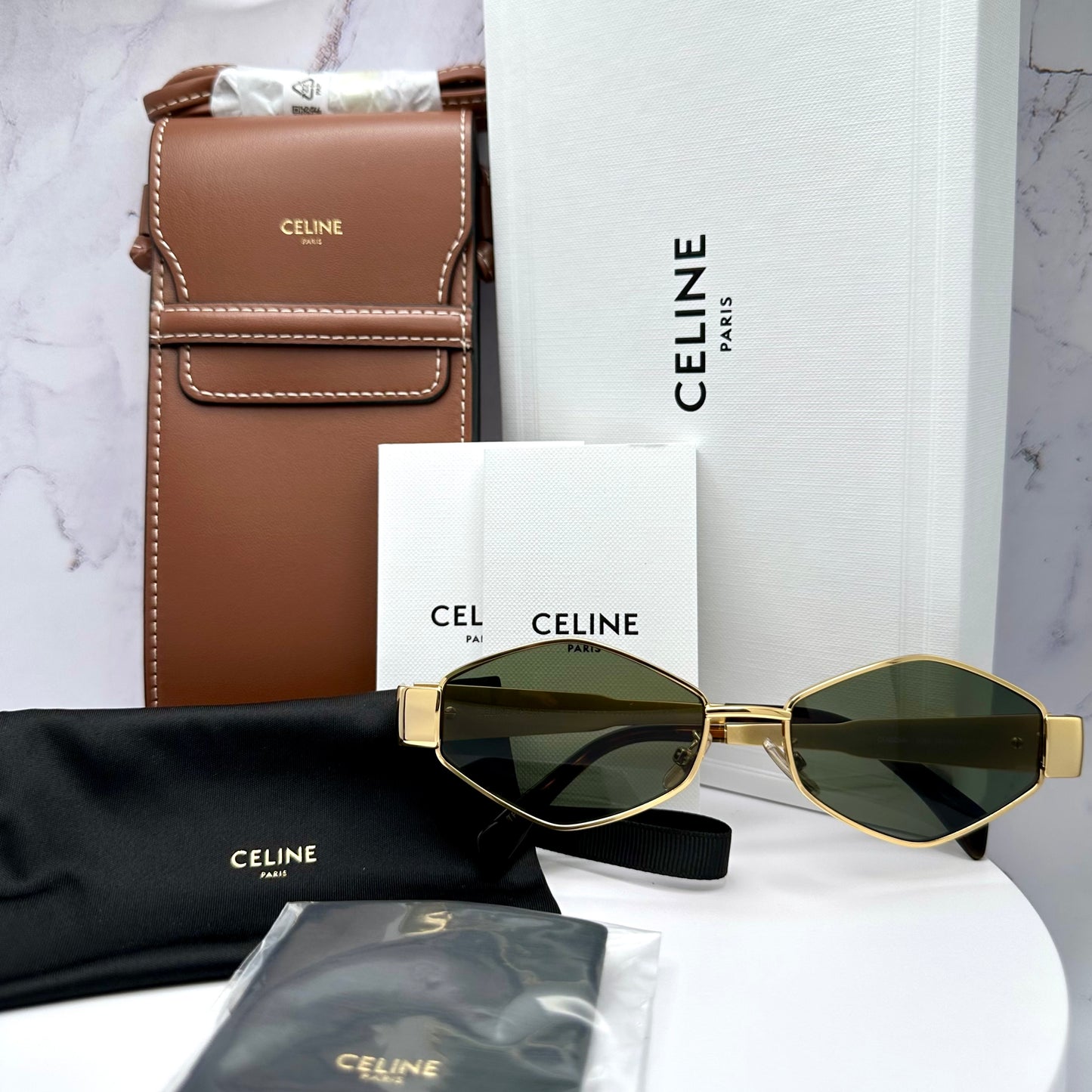 Celine Triomphe Gold Metal New Hexagon Sunglasses 54mm Authentic CL40254U 30N