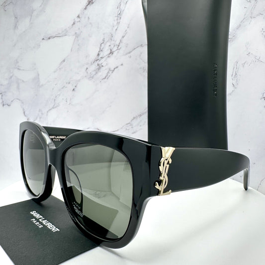 SAINT LAURENT Black Oversized Sunglasses Gold YSL Metal Logo SLM95/F