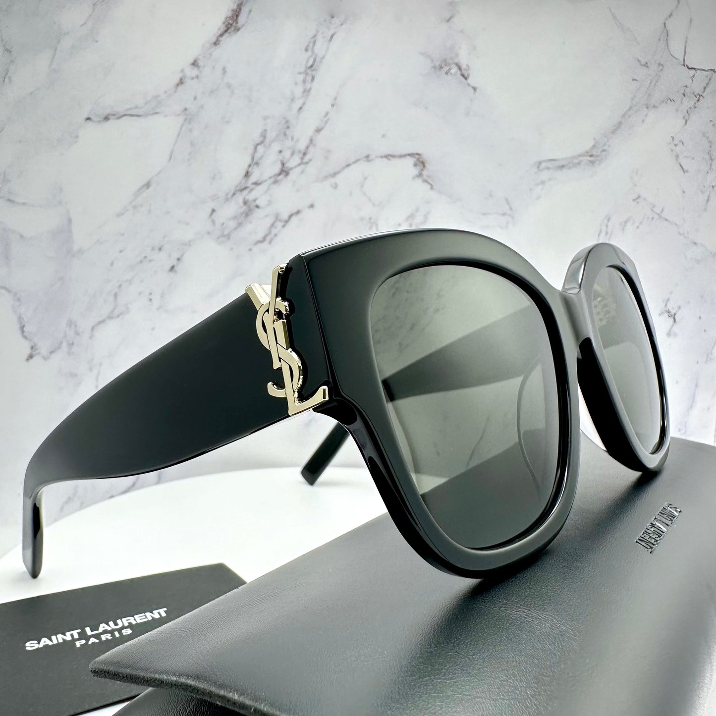 SAINT LAURENT Black Oversized Sunglasses Gold YSL Metal Logo SLM95/F