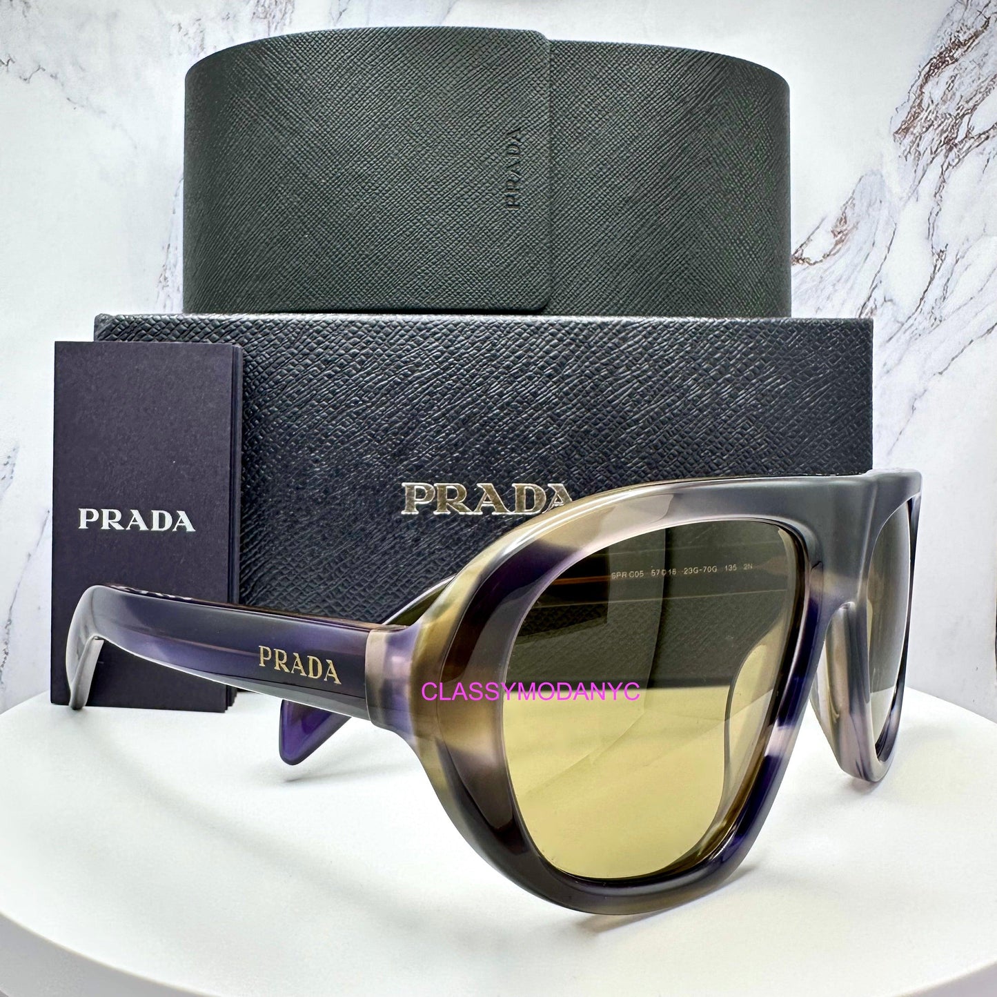 Prada 0PRC05S 23G70G striped laguna aviator sunglasses side view green lens with box and case