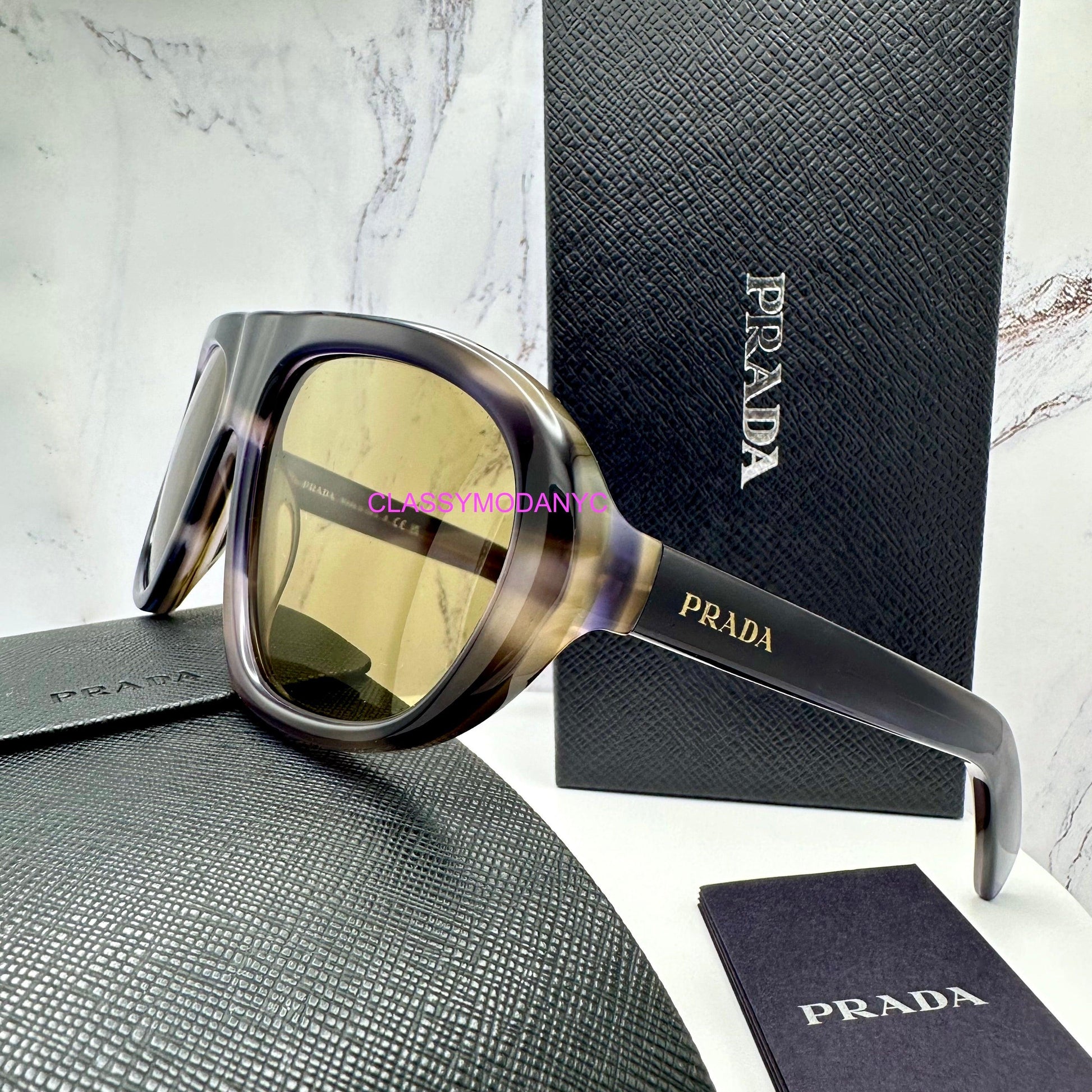 Prada PRC05S 23G70G striped laguna aviator sunglasses side view with green lens