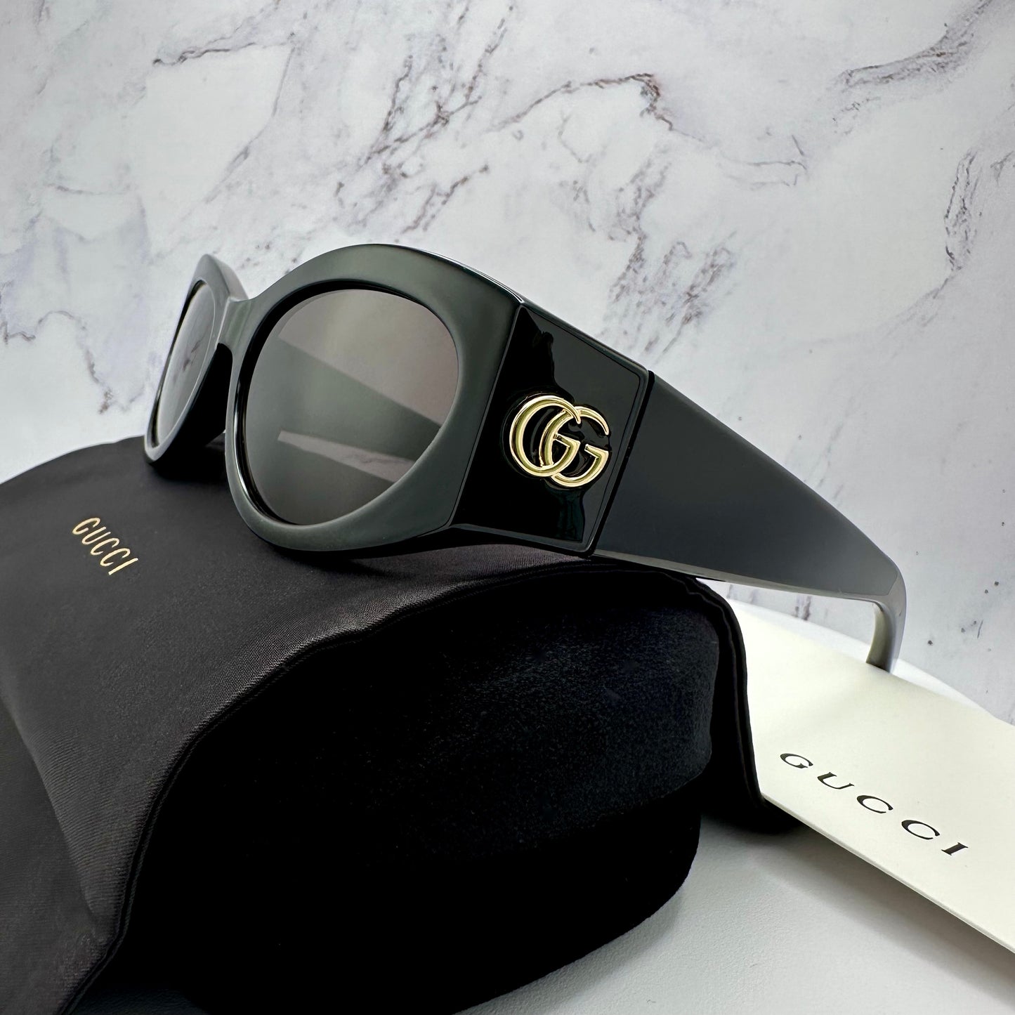 Gucci Black Gold Metal Logo Sunglasses Oval Wrap Mask GG1401S